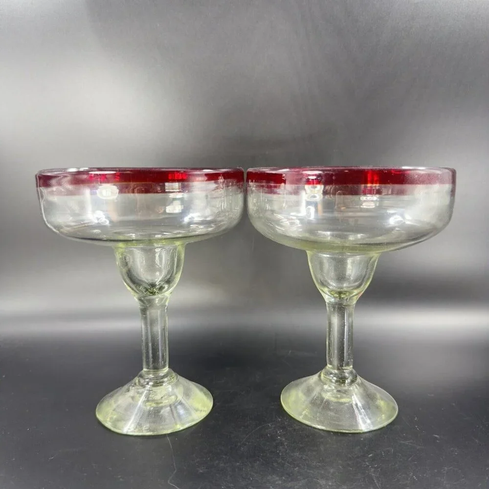 Hand Blown Clear Margarita Drinking Glasses Set 2 With Red Edges Hand Made Glass